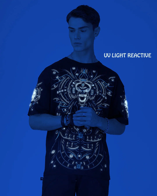 Ultra Tribe DJ Skull Trance UV Reactive &amp; Glow in the Dark Oversized T-Shirt